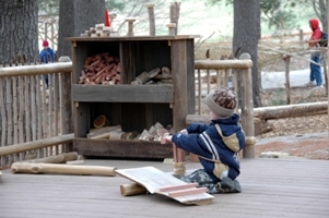 Boy building with wood
